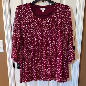 Kim Rogers Red and Gold Blouse with Gold Metallic Accents and 3/4 Sleeves
